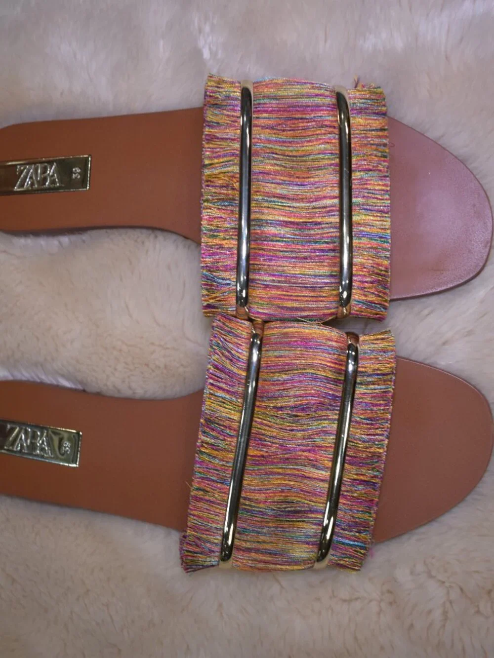 Zara Colorful Fringe Slide Sandals Size 39/8 Boho Summer Vacation Flats - Picture 8 of 12